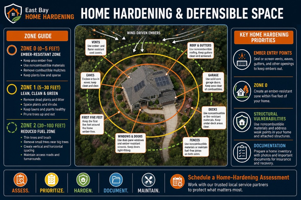 Home hardening and defensible space zones